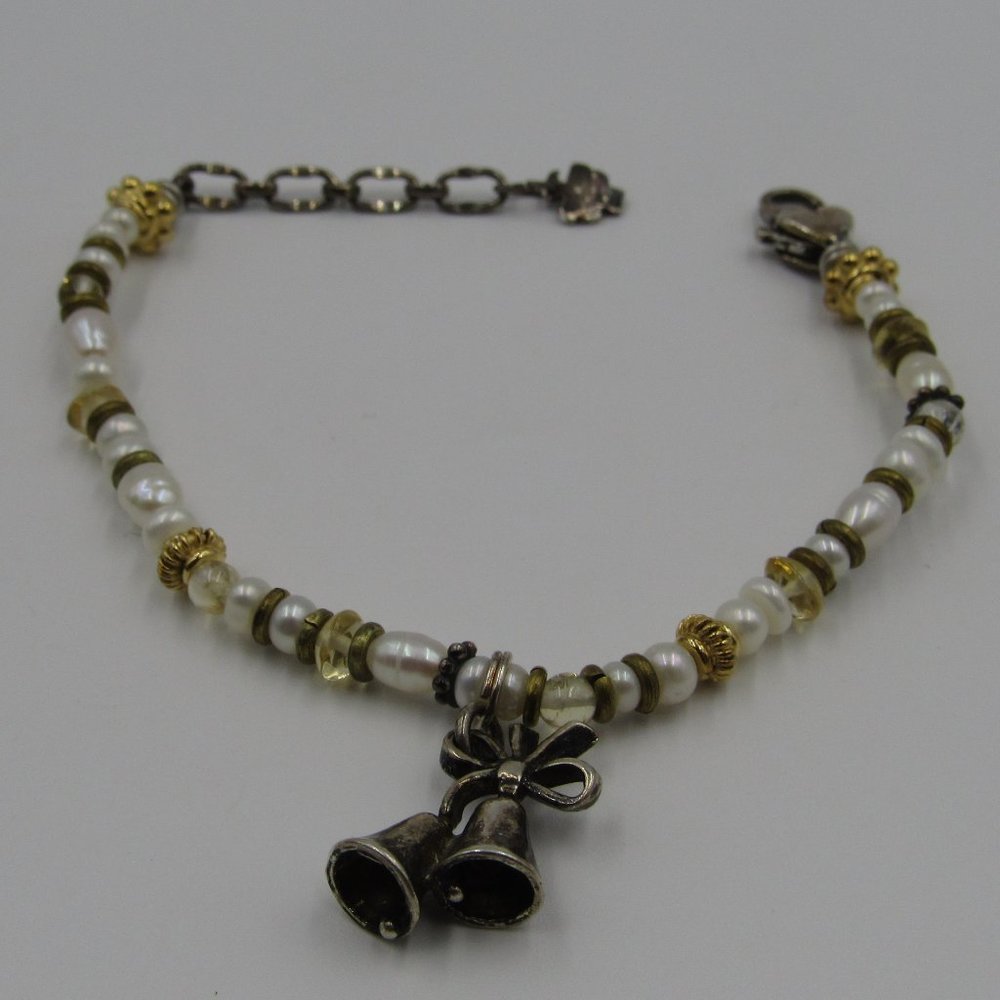 8 Inch Sterling Silver Pearl Bell Charm Bracelet